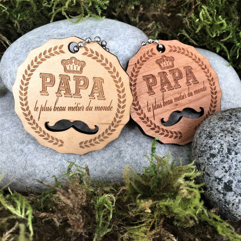 porte-clés personnalisé bois médaille 50 mm gravé papa