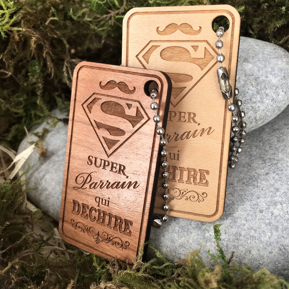porte-clés personnalisé en bois rectangle 64 mm gravé super parrain cadeau baptême