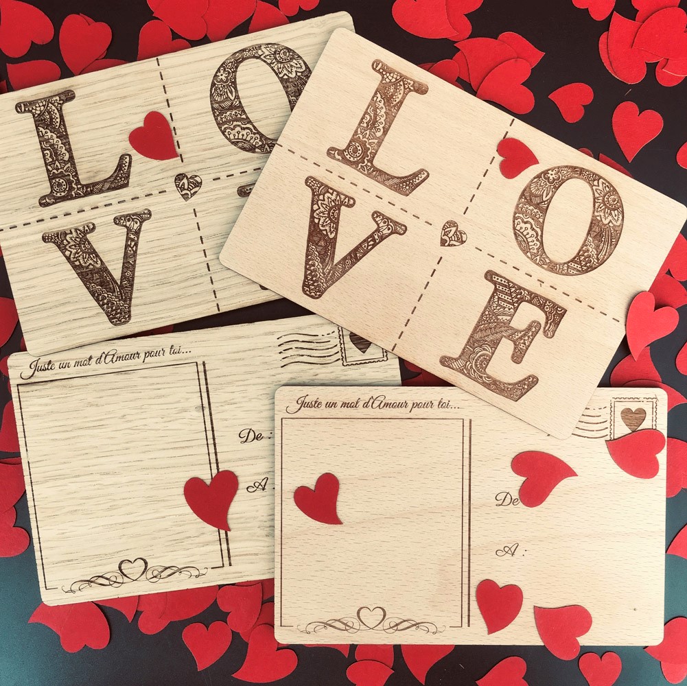 carte postale bois personnalisée modèle love hêtre et chêne