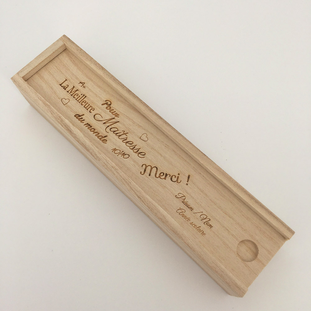 plumier bois maîtresse personnalisable - idée cadeau fin d'année scolaire