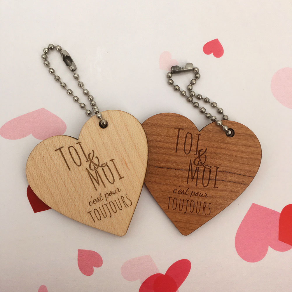 porte-clés bois forme coeur personnalisé le Toi&Moi ensemble