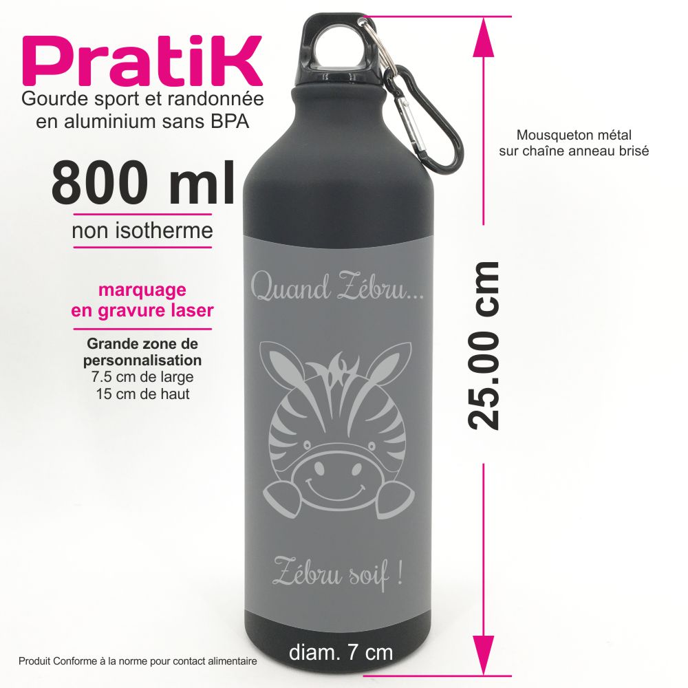 gourde pratik personnalisée aluminium 800 ml et mousqueton noire