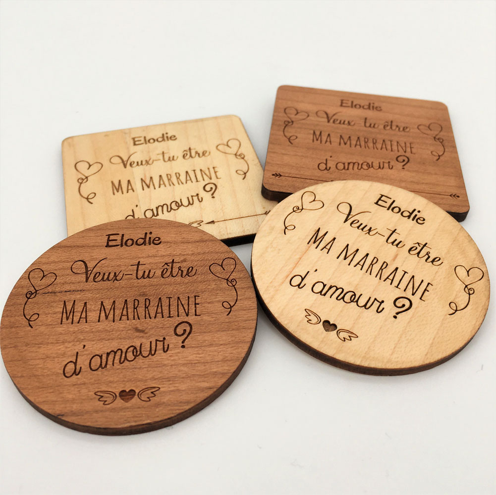 magnets bois personnalisés demande marraine ensemble