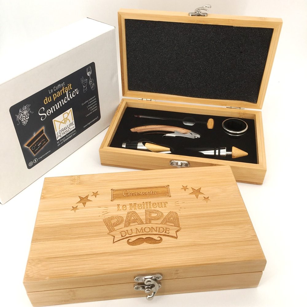 coffret sommelier bambou meilleur papa du monde - idée cadeau fête des pères