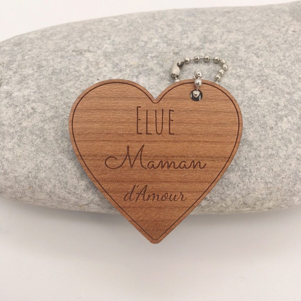 porte-clés bois coeur personnalisé maman d'amour cerisier idée cadeau fête des mères