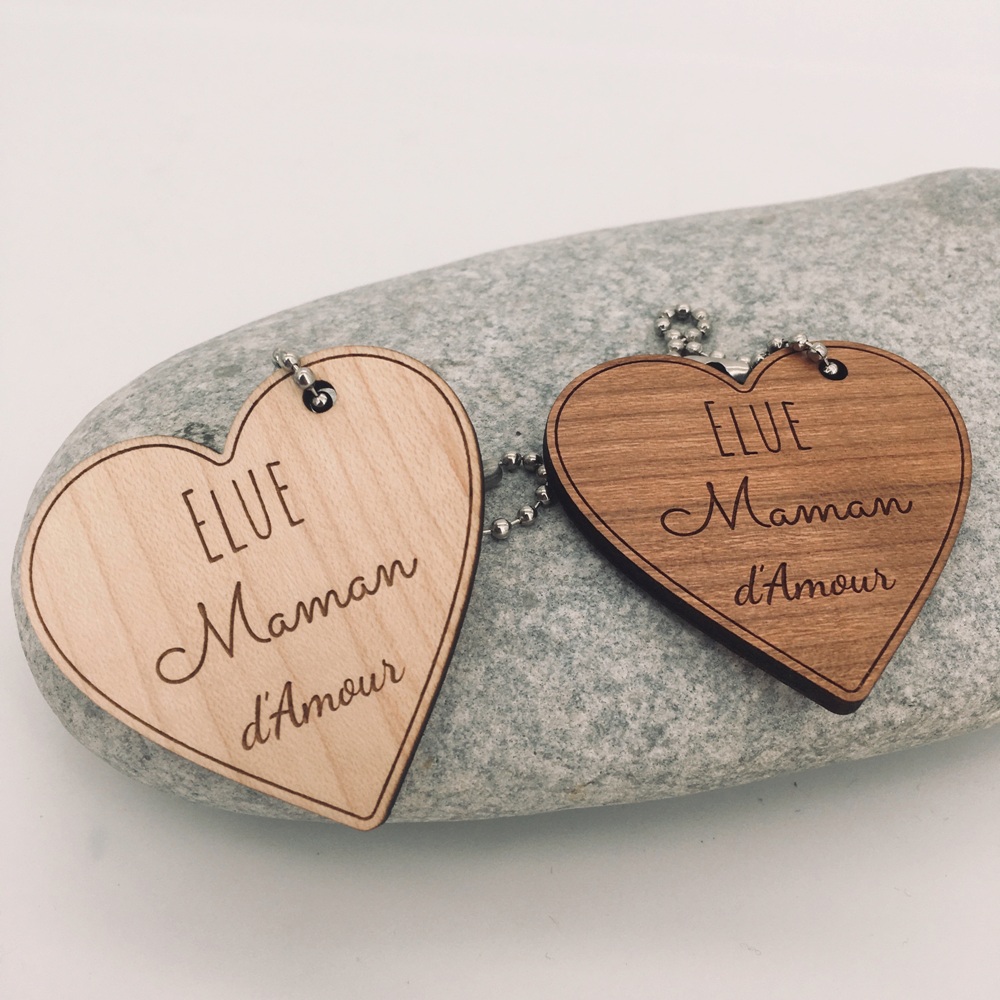 porte-clés bois coeurs personnalisés maman d'amour érable cerisier idée cadeau fête des mères