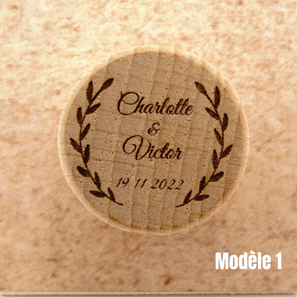 bouchon bois et liège personnalisé pour mariage modèle 1