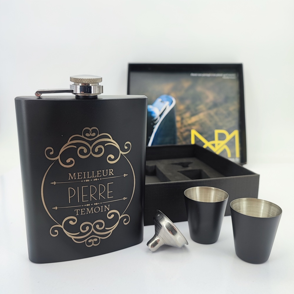 Coffret flasque inox à personnaliser + gobelets + entonoir - cadeau témoin de mariage