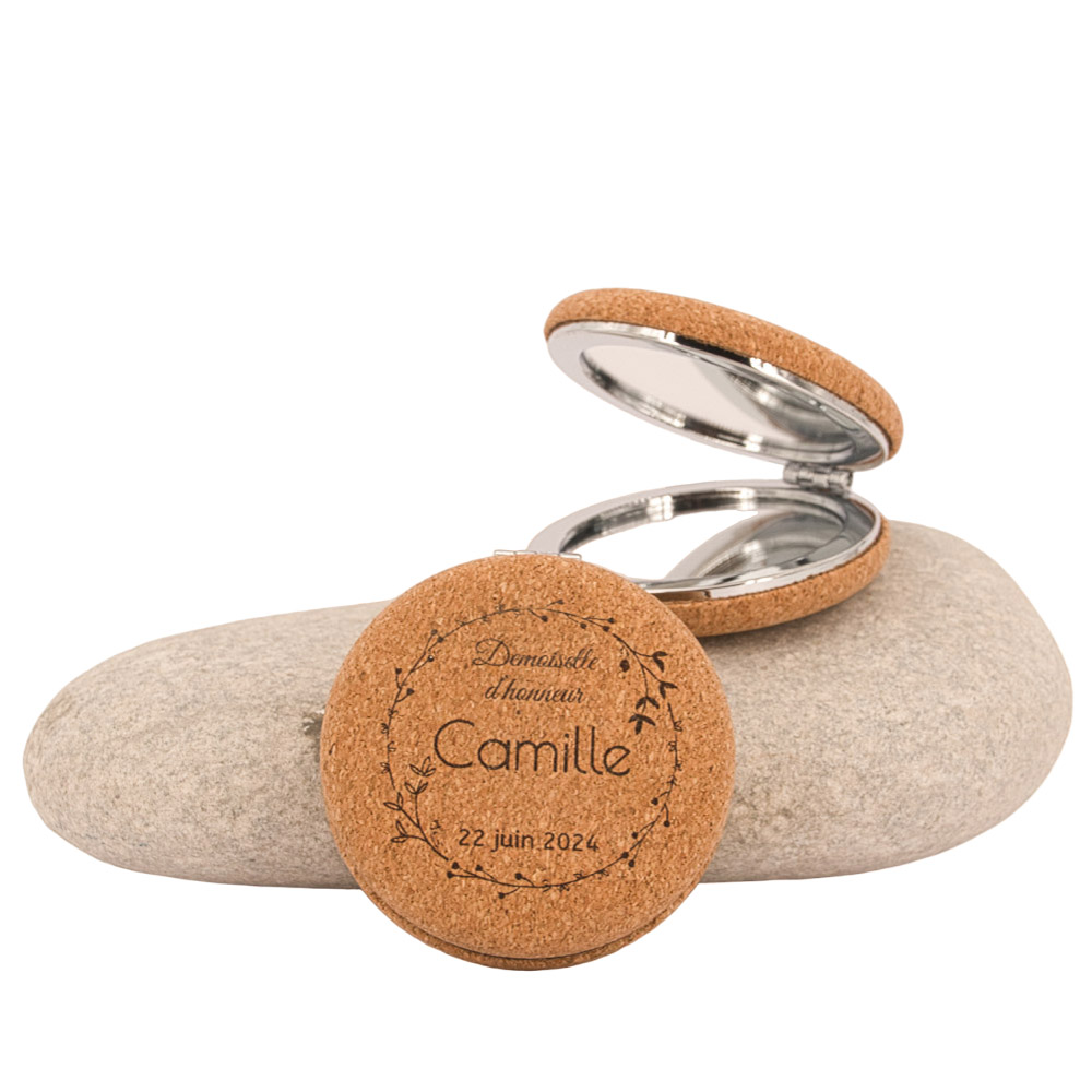 miroir de poche en liège personnalisable cadeau demoiselle d'honneur